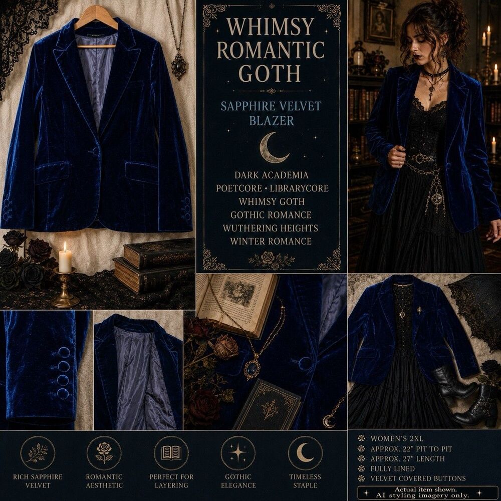 EUC Sapphire Blue Velvet Blazer 2XL Romantic Whimsy Goth Poetcore Dark Academia